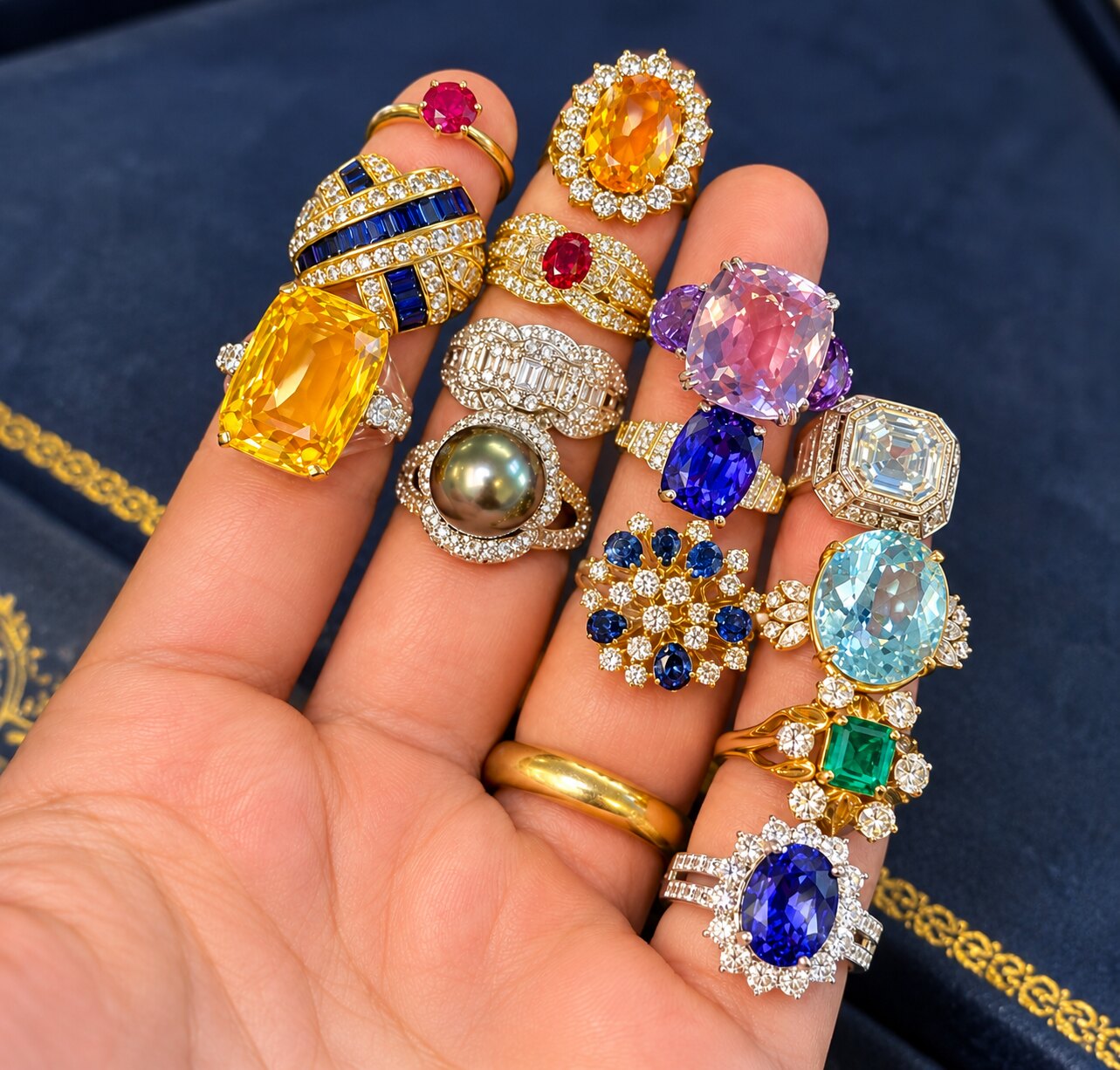 A hand displaying a collection of vintage gemstone, pearl and diamond rings over a navy jewelry tray